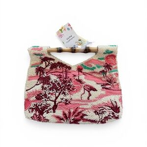 Beaded Pink Tropical Clutch with Bamboo Handle
